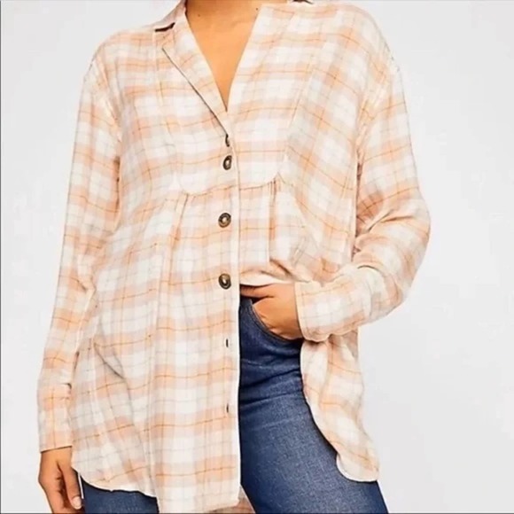 Free People Tops - Free People All About the Feels Pink Plaid Flannel Top Size XS